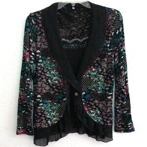 Black colorful floral long sleeve blouse, with little tiny studs and lace detail